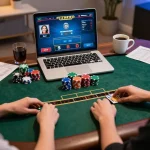 Vay sòng cực lạ gì during an online poker game, showcasing strategic bets and colorful chips.