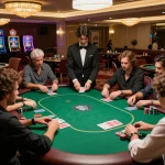 Players engaging in intense poker gameplay at F88BET casino with vibrant decor and luxury ambiance.