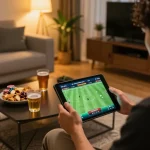 Kèo nhà cái interface displayed on tablet while a person enjoys live sports betting at home
