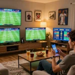KQBD sports betting excitement with live streams and betting smartphone in a cozy living room.