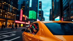 Taxi driving through a vibrant city street at dusk with glowing lights.