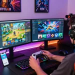 Player engaging with the Hitclub gaming platform, showcasing excitement to tải hitclub on dual monitors and smartphone in a vibrant setup.