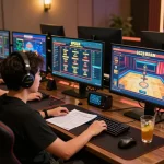 Engaged player strategizing with G28 com casino games on multiple screens in a well-lit gaming setup.