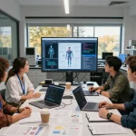 Researchers discussing AI-driven sexual health applications in an innovative lab, reflecting trends in sex AI.