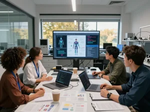 Researchers discussing AI-driven sexual health applications in an innovative lab, reflecting trends in sex AI.