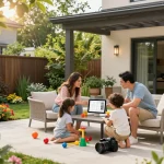Family exploring a veranda configurator while enjoying their garden.