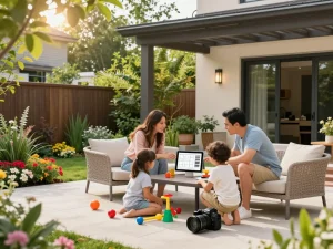 Family exploring a veranda configurator while enjoying their garden.