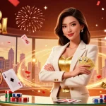 Toto Togel showcases a powerful Asian businesswoman confidently playing cards in a dynamic casino illustration.