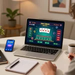 Engage with FLY88 live baccarat game on a laptop in a cozy home office setting.