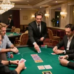 68win players engaging in a dynamic poker game at an upscale casino, highlighting strategic action and intense focus.