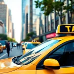 Taxi driving through a bustling city street, highlighting the vibrant urban energy.