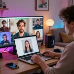 Engaging scene depicting a user enjoying nsfw chat ai interaction in a cozy home office.