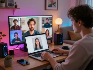 Engaging scene depicting a user enjoying nsfw chat ai interaction in a cozy home office.