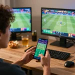 Person engaging in sports betting on 79king app at home with smartphone and live match screens.