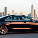 Chauffeur Hire with a luxury sedan in a scenic city during sunset, highlighting sophistication.