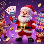 Spin the reels and win big with หนังใหม่ชนโรง’s vibrant casino-themed illustration featuring Santa Claus and friends.