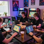Engaging group of friends gaming online at https://sunwin7979.com/ with colorful screens and snacks.