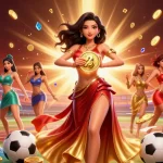 Bet on kèo bóng đá with excitement as coins and gems rain down in a vibrant sports scene.