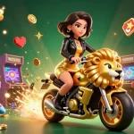Experience the thrill of HITCLUB as glamorous characters ride a golden lion surrounded by casino gaming elements.