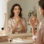 Woman applying Razamoisele fragrance in an elegant bedroom setting.