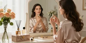 Woman applying Razamoisele fragrance in an elegant bedroom setting.