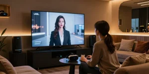 Engaging NSFW AI character interaction in a modern urban studio, showcasing innovative adult entertainment technology.