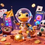 Luck8 Martian gecko rides the cosmic waves of online gambling, discovering treasures inside a golden casino.