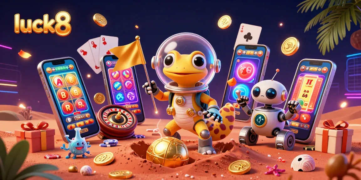 Luck8 Martian gecko rides the cosmic waves of online gambling, discovering treasures inside a golden casino.