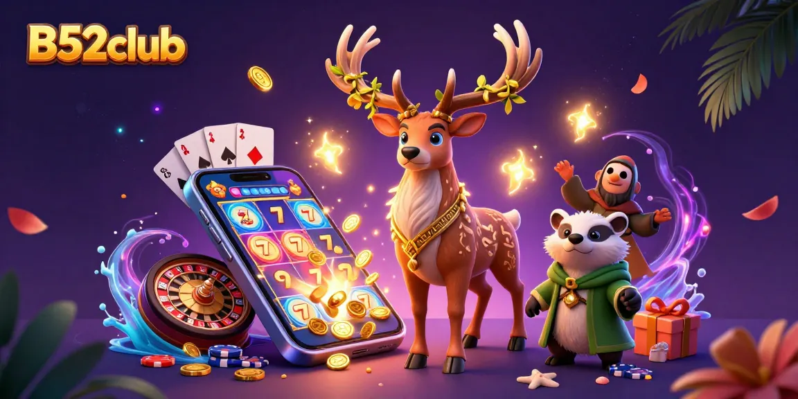 B52club's vibrant casino scene filled with animated characters, colorful gaming elements, and dynamic rewards.