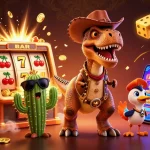 Fly88 presents a vibrant 3D casino illustration featuring a T-Rex and friends celebrating a jackpot win.
