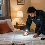 bed bug exterminators technician inspecting a mattress for bed bugs in a cozy bedroom