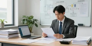 Forensic auditing process at aafikotacirebon.org with auditor analyzing documents in focused office
