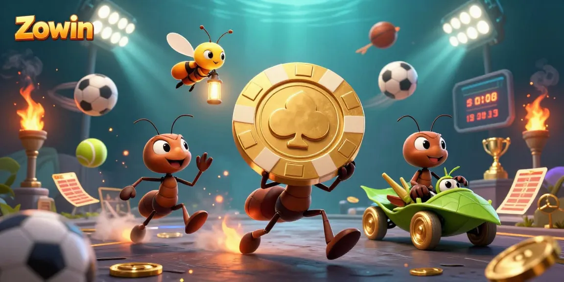 Zowin enhances betting excitement with a dynamic scene of animated ants on a colorful gambling adventure.