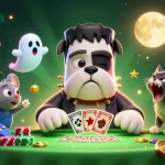 Experience S666's thrilling casino atmosphere with a Frankenstein bulldog dealing cards amidst vibrant gaming elements.