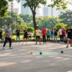 Engaging petanque match organized by fopikotamakassar.org in vibrant urban park, featuring diverse players and lively atmosphere.