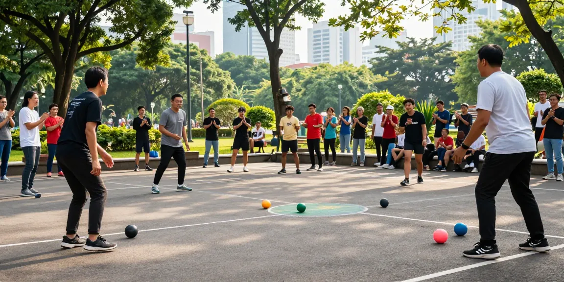 Engaging petanque match organized by fopikotamakassar.org in vibrant urban park, featuring diverse players and lively atmosphere.