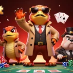 Exciting 3D scene at Topbet showcasing cartoon raptors entering a VIP casino with poker tables and chips.