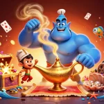 Experience the thrill of 88m games with a vibrant 3D scene featuring a genie, poker chips, and treasure.