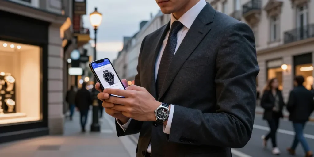Individual showcasing stylish super clone watches in a luxury urban setting.