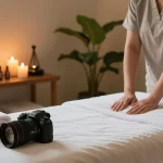 Tranquil massage therapy room featuring a professional preparing for 죽전출장마사지 with calming elements and soft lighting.