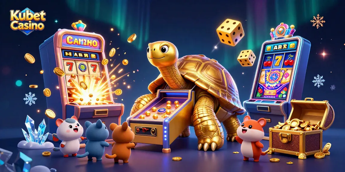 Kubet Casino's vibrant scene featuring a colossal golden tortoise pinball machine and dynamic game elements.