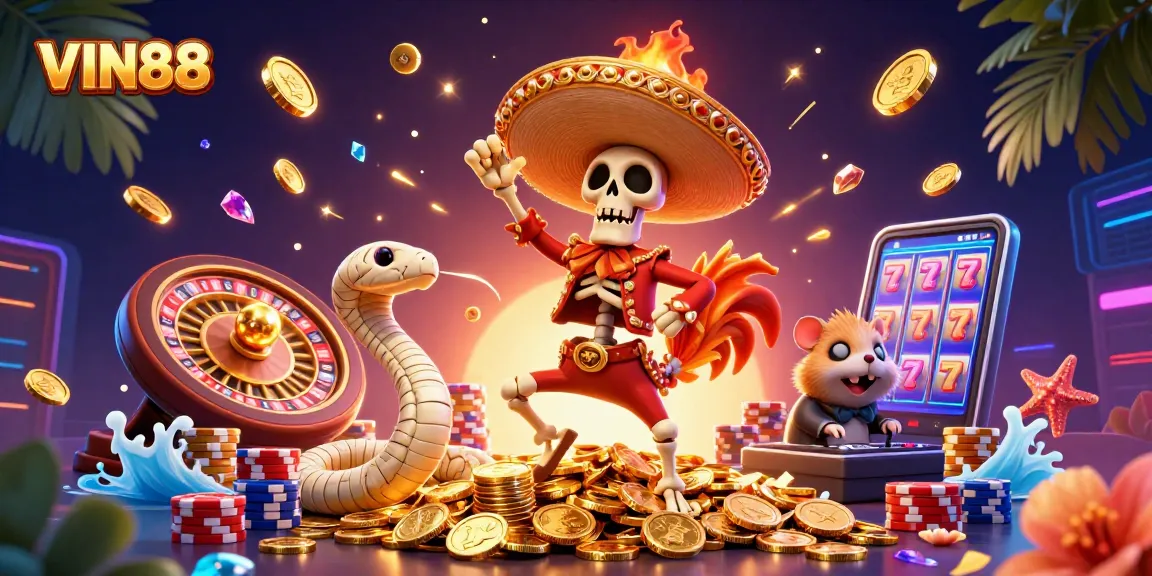 VIN88 showcases a vibrant scene with a dancing mariachi rooster, a mummy snake, and a DJ hamster, embodying the excitement of casino gaming.