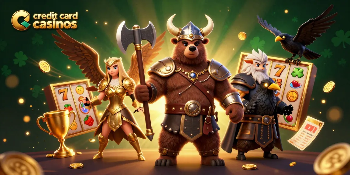 Engaging 3D illustration showcasing credit card casinos featuring a Viking, Valkyrie, and dynamic casino elements.