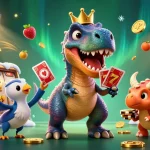 Engage with the thrilling dewa zeus slot experience as vibrant characters shuffle cards and stack coins in a dazzling casino scene.