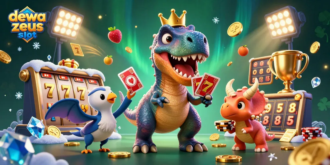 Engage with the thrilling dewa zeus slot experience as vibrant characters shuffle cards and stack coins in a dazzling casino scene.