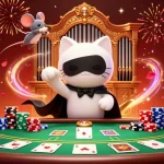 Experience the excitement of pk68 with a cartoon phantom at a casino organ, surrounded by vibrant poker elements.