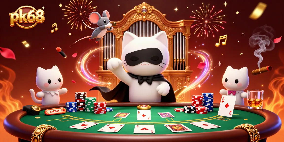 Experience the excitement of pk68 with a cartoon phantom at a casino organ, surrounded by vibrant poker elements.