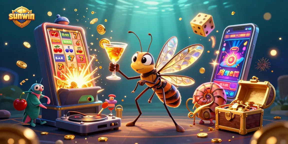 Experience the excitement of sunwin with a lively casino-themed illustration showcasing games, characters, and vibrant action.