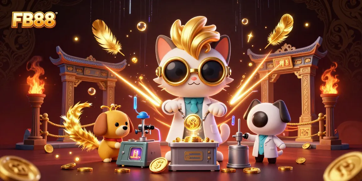 FB88 delivers thrilling gaming with a mad scientist cat creating coin magic in a dynamic casino scene.