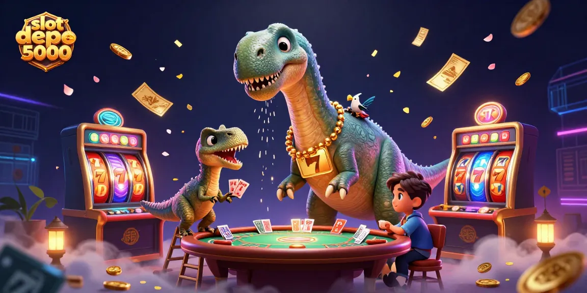 Engage with the vibrant scene featuring slot depo 5000, showcasing colorful reels, creative characters, and dynamic gaming elements.